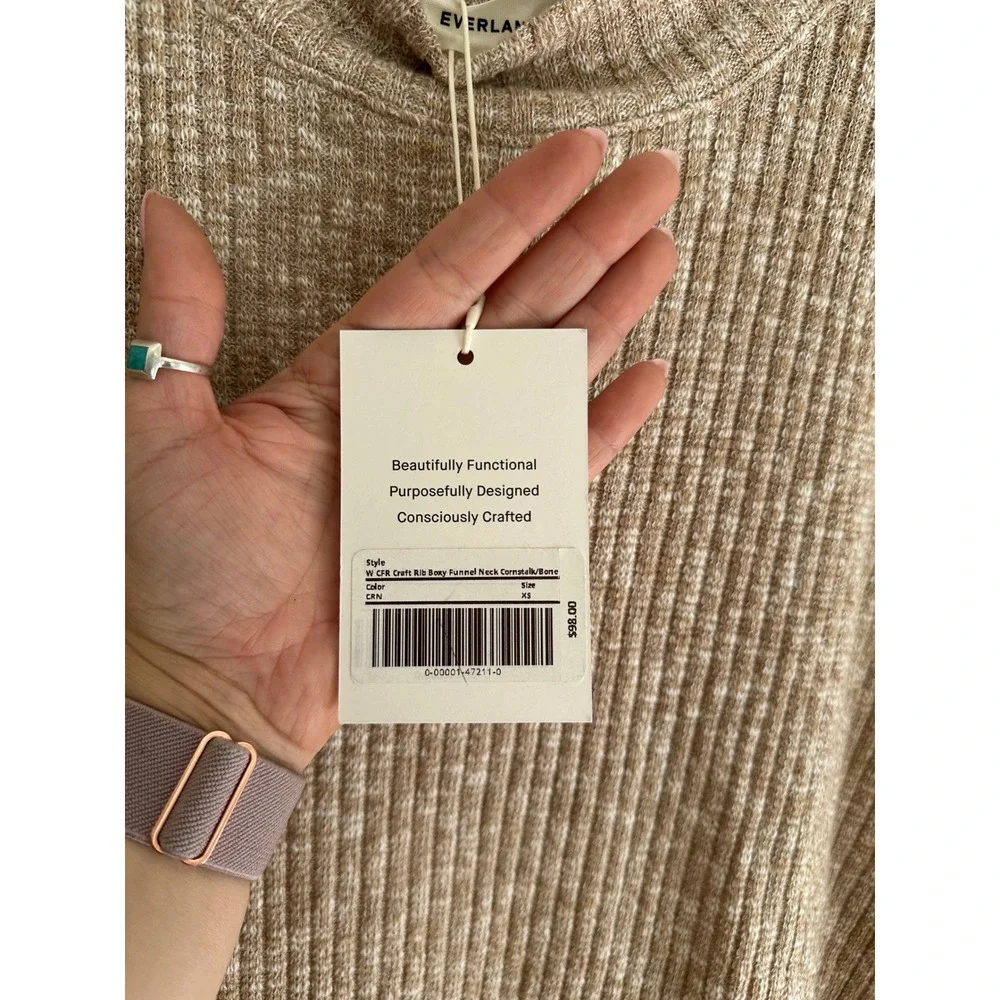 Everlane Craft Rib Boxy Funnel Neck Women XS Cornstalk Bone NWT Sustainable Knit